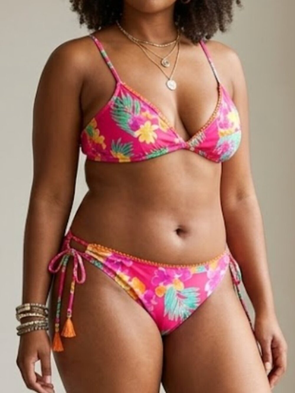Hobie Tropical Floral Tassel Tie Side Pink Two Piece Bikini Set SZ L